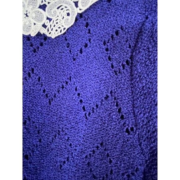 Retro Knit Sweater Chevron M Blue Floral Lace Chic Preppy Classic Neutral 80s - Picture 7 of 10